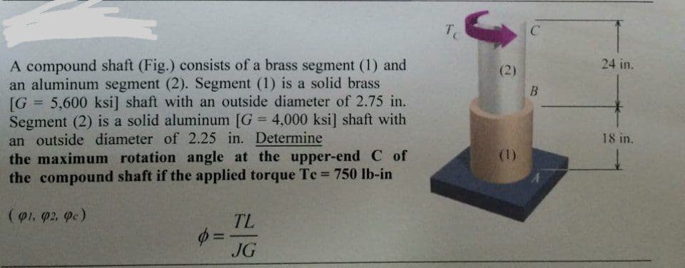 A compound shaft (Fig.) consists of a brass segment (1) and
an aluminum segment (2). Segment (1) is a solid brass
[G = 5,600 ksi] shaft with an outside diameter of 2.75 in.
Segment (2) is a solid aluminum [G = 4,000 ksi] shaft with
an outside diameter of 2.25 in. Determine
the maximum rotation angle at the upper-end C of
the compound shaft if the applied torque Te = 750 lb-in
(91, 92, Qc)
p=
TL
JG
To
(2)
(1)
C
B
24 in.
18 in.