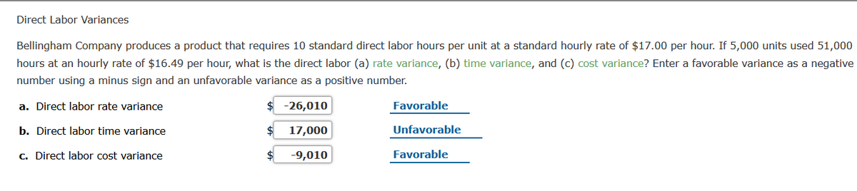 Direct Labor Variances
Bellingham Company produces a product that requires 10 standard direct labor hours per unit at a standard hourly rate of $17.00 per hour. If 5,000 units used 51,000
hours at an hourly rate of $16.49 per hour, what is the direct labor (a) rate variance, (b) time variance, and (c) cost variance? Enter a favorable variance as a negative
number using a minus sign and an unfavorable variance as a positive number.
a. Direct labor rate variance
$ -26,010
Favorable
b. Direct labor time variance
$
17,000
Unfavorable
c. Direct labor cost variance
$
-9,010
Favorable
