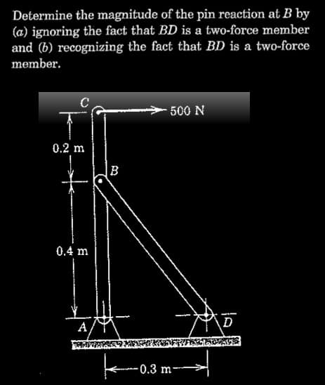 Determine the magnitude of the pin reaction at B by
(a) ignoring the fact that BD is a two-force member
and (b) recognizing the fact that BD is a two-force
member.
C
0.2 m
0.4 m
A
B
500 N
-0.3 m
D