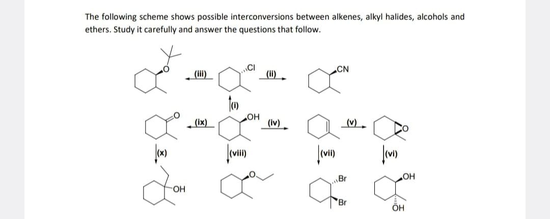 The following scheme shows possible interconversions between alkenes, alkyl halides, alcohols and
ethers. Study it carefully and answer the questions that follow.
(iii)
CN
(x)
(ix)
(i)
(viii)
OH
(iv)
(vii)
Br
(V)
(vi)
OH
OH
Br
он