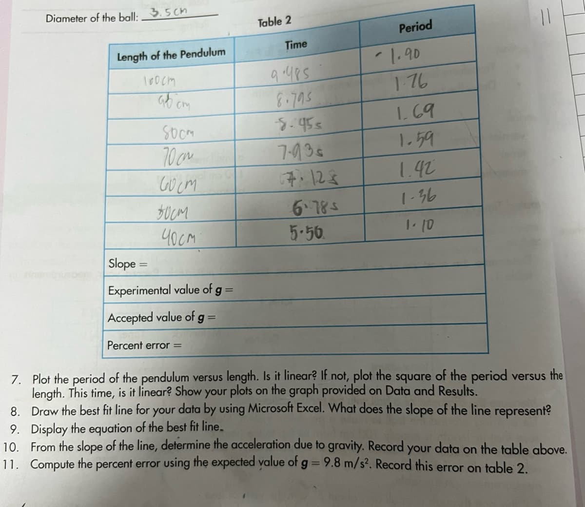 Diameter of the ball: 3.5cm
Length of the Pendulum
100 ст
abcm
бост
70cm
COM
вост
чост
Slope =
Experimental value of g =
Accepted value of g =
Percent error =
Table 2
Time
9.485
8.795
8.45s
7-93s
67:128
6.78 $
5.50
Period
-1.90
1.76
1.69
1.59
1.42
1-36
1.10
||
7. Plot the period of the pendulum versus length. Is it linear? If not, plot the square of the period versus the
length. This time, is it linear? Show your plots on the graph provided on Data and Results.
8. Draw the best fit line for your data by using Microsoft Excel. What does the slope of the line represent?
9. Display the equation of the best fit line.
10. From the slope of the line, determine the acceleration due to gravity. Record your data on the table above.
11. Compute the percent error using the expected value of g = 9.8 m/s². Record this error on table 2.