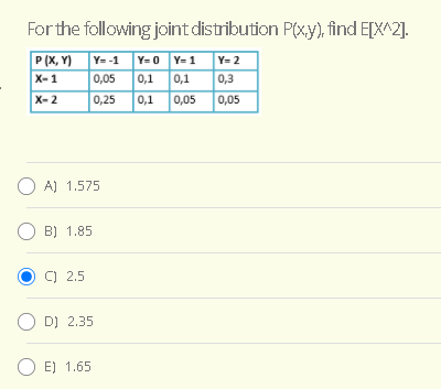 Forthe following joint distribution P(xy), find E[X^2].
P (X, Y) Y- -1 Y= 0 Y=1 Y=2
|0,1
0,3
Х-1
0,05
0,1
X- 2
0,25
0,1
0,05
0,05
O A) 1.575
O B) 1.85
C) 2.5
O D) 2.35
O E) 1.65
