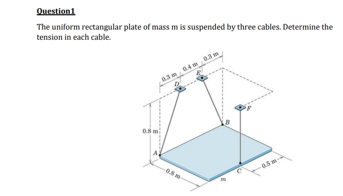 Question1
The uniform rectangular plate of mass m is suspended by three cables. Determine the
tension in each cable.
0.3 m, 0.4 m 0.3 m
0.8 m
0.8 m
0.5 m
m
