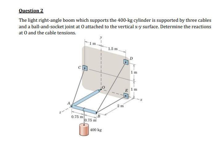 Question 2
The light right-angle boom which supports the 400-kg cylinder is supported by three cables
and a ball-and-socket joint at 0 attached to the vertical x-y surface. Determine the reactions
at O and the cable tensions.
1.5 m
1 m
E 1m
2 m
0.75 m
0.75 m
В
| 400 kg
