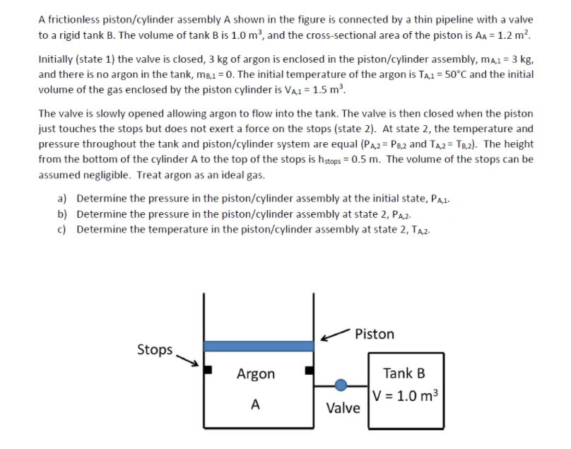 A frictionless piston/cylinder assembly A shown in the figure is connected by a thin pipeline with a valve
to a rigid tank B. The volume of tank B is 1.0 m³, and the cross-sectional area of the piston is Aa = 1.2 m?.
Initially (state 1) the valve is closed, 3 kg of argon is enclosed in the piston/cylinder assembly, mĄ1 = 3 kg,
and there is no argon in the tank, mg,1=0. The initial temperature of the argon is TĄ1 = 50°C and the initial
volume of the gas enclosed by the piston cylinder is VA1 = 1.5 m?.
The valve is slowly opened allowing argon to flow into the tank. The valve is then closed when the piston
just touches the stops but does not exert a force on the stops (state 2). At state 2, the temperature and
pressure throughout the tank and piston/cylinder system are equal (Pa2 = P8,2 and Ta2= T82). The height
from the bottom of the cylinder A to the top of the stops is htops = 0.5 m. The volume of the stops can be
assumed negligible. Treat argon as an ideal gas.
a) Determine the pressure in the piston/cylinder assembly at the initial state, Pa1.
b) Determine the pressure in the piston/cylinder assembly at state 2, PA2.
c) Determine the temperature in the piston/cylinder assembly at state 2, TĄ2-
Piston
Stops
Argon
Tank B
V = 1.0 m3
A
Valve
