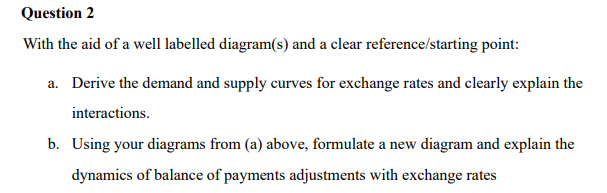 Question 2
With the aid of a well labelled diagram(s) and a clear reference/starting point:
a. Derive the demand and supply curves for exchange rates and clearly explain the
interactions.
b. Using your diagrams from (a) above, formulate a new diagram and explain the
dynamics of balance of payments adjustments with exchange rates