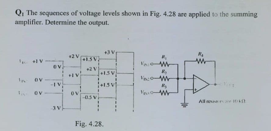 Qi The sequences of voltage levels shown in Fig. 4.28 are applied to the summing
amplifier. Determine the output.
+3 V
+2 V
+1.5 V
R,
Vis: 0-W
+1 V
ov
+2 V
+1.5 V
VIN:0-W
IN OV
+1.5 V
I Ov-
OV
-0.5 V
All resisters are k
3 V
Fig. 4.28.
