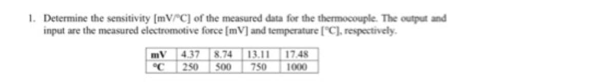 1. Determine the sensitivity [mV/ C] of the measured data for the thermocouple. The output and
input are the measured electromotive force [mV] and temperature [°C), respectively.
mV
4.37
8.74
13.11
17.48
°C
250
500
750
1000
