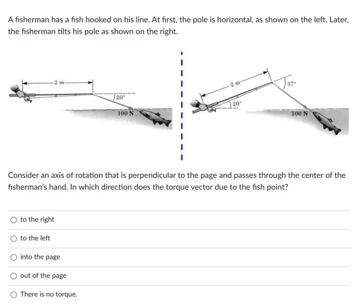 A fisherman has a fish hooked on his line. At first, the pole is horizontal, as shown on the left. Later,
the fisherman tilts his pole as shown on the right.
2 m-
-2 m
20
20
100 N
100 N
Consider an axis of rotation that is perpendicular to the page and passes through the center of the
fisherman's hand. In which direction does the torque vector due to the fish point?
to the right
to the left
into the page
out of the page
O There is no torque.
