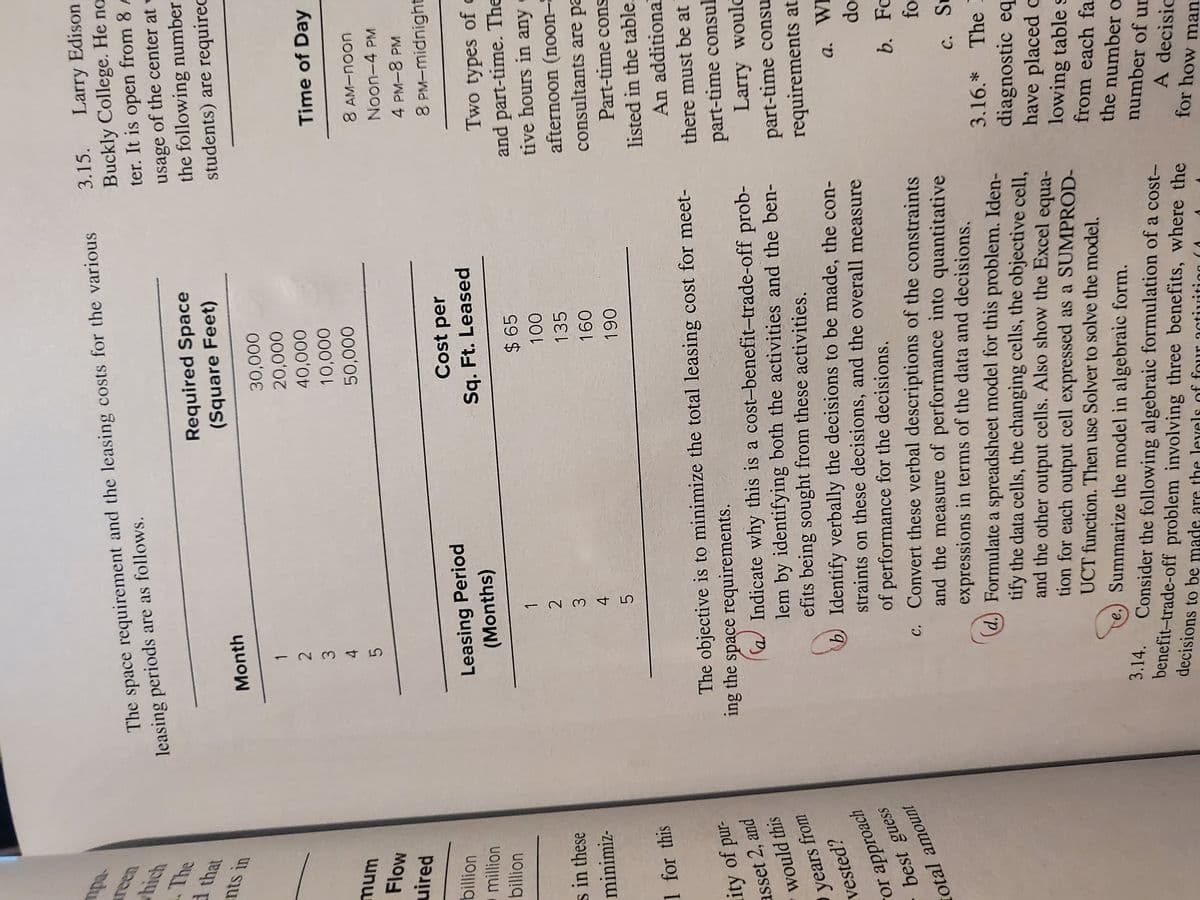 -2 3 4 5
The space requirement and the leasing costs for the various
leasing periods are as follows.
3.15. Larry Edison
Buckly College. He no
ter. It is open from 8 A
hich
The
d that
Required Space
(Square Feet)
usage of the center at v
the following number
students) are required
nts in
Month
30,000
1.
40,000
Time of Day
3.
mum
000'0L
MO
uired
uoou- 8
Noon-4 PM
4 PM-8 PM
8 PM-midnight
billion
Cost per
Leasing Period
(Months)
million
Sq. Ft. Leased
Two types of c
and part-time. The
tive hours in any e
billion
$ 65
s in these
afternoon (noon-
consultants are pa
135
minimiz-
091
Part-time cons
06
1 for this
listed in the table.
An additional
The objective is to minimize the total leasing cost for meet-
there must be at
ity of pur-
ing the space requirements.
asset 2, and
would this
a) Indicate why this is a cost-benefit-trade-off prob-
lem by identifying both the activities and the ben-
efits being sought from these activities.
b Identify verbally the decisions to be made, the con-
straints on these decisions, and the overall measure
part-time consul
Larry would
part-time consu
requirements at.
years from
vested?
or approach
best guess
a. WH
of performance for the decisions,
c. Convert these verbal descriptions of the constraints
and the measure of performance into quantitative
expressions in terms of the data and decisions.
d. Formulate a spreadsheet model for this problem. Iden-
tify the data cells, the changing cells, the objective cell,
and the other output cells. Also show the Excel equa-
tion for each output cell expressed as a SUMPROD-
UCT function. Then use Solver to solve the model.
e.) Summarize the model in algebraic form.
b. Fo
total amount
C. Su
3.16.* The !
diagnostic eq
have placed c
lowing table s
from each fa
3.14.
the number o
Consider the following algebraic formulation of a cost-
number of ur
benefit-trade-off problem involving three benefits, where the
decisions to be made are the levels of four
A decisic
for how man
