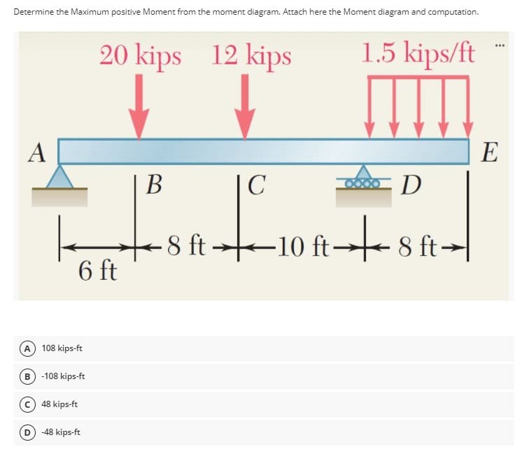 Determine the Maximum positive Moment from the moment diagram. Attach here the Moment diagram and computation.
20 kips 12 kips
1.5 kips/ft
...
A
E
|B
to
C
D
8 ft 10 ft-
8 ft-
6 ft
A 108 kips-ft
B) -108 kips-ft
48 kips-ft
D
-48 kips-ft
