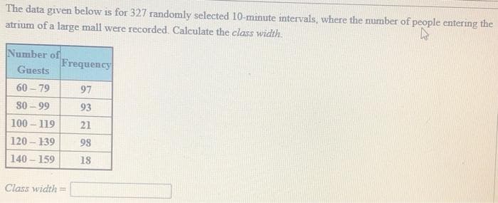 The data given below is for 327 randomly selected 10-minute intervals, where the number of people entering the
atrium of a large mall were recorded. Calculate the class width.
Number of
Frequency
Guests
60 – 79
97
S0 – 99
93
100 – 119
21
120 – 139
98
140 - 159
18
Class width
%3D
