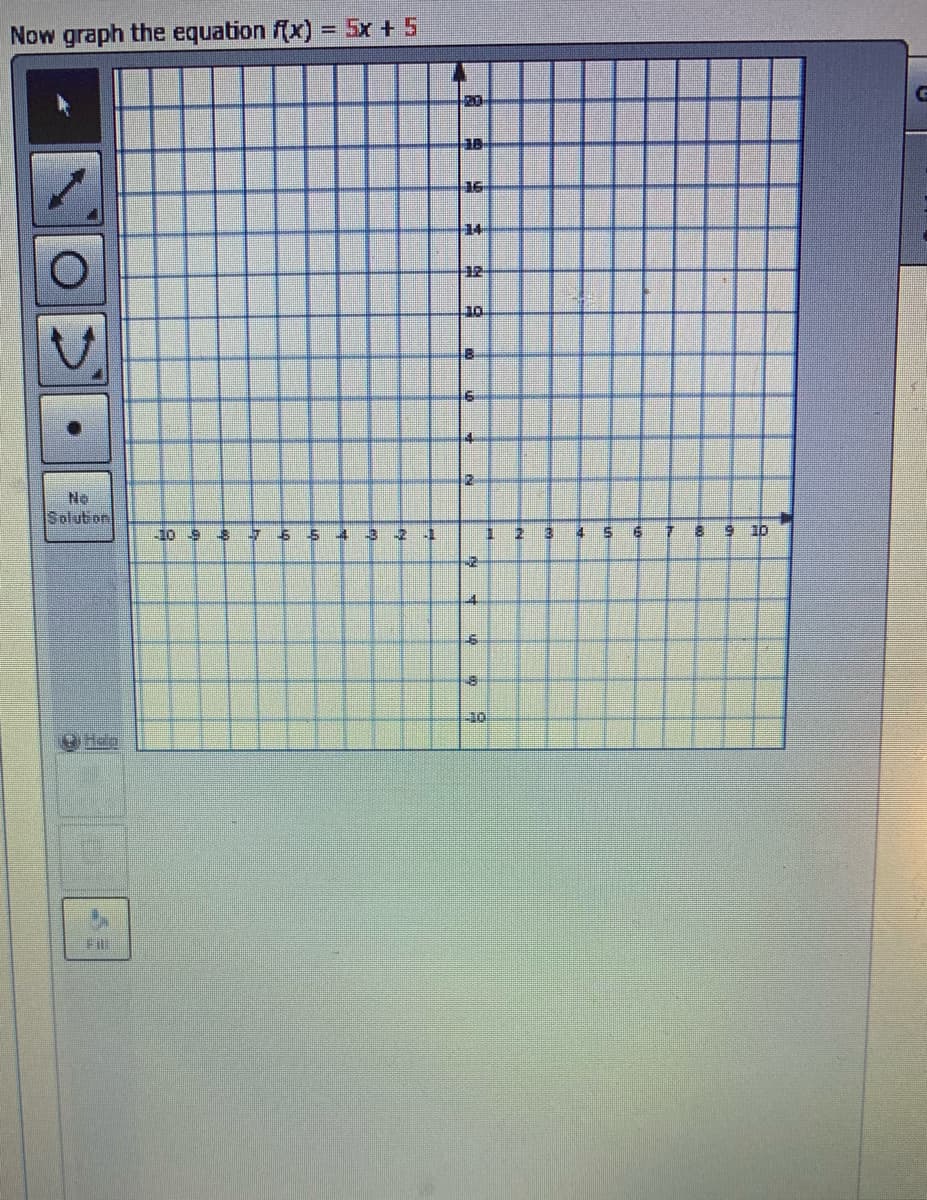 Now graph the equation f(x) = 5x + 5
20
38
16
14
12
10
4
2-
No
Solution
32
17
1D
Help
