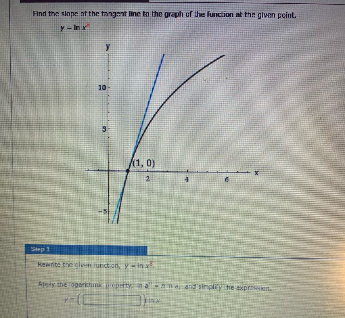 Find the slope of the tangent line to the graph of the function at the given point.
y = In x
10
(1, 0)
4.
6.
-5-
Step 1
Rewrite the given function, y = In x*.
Apply the logarithmic property, In a" = n In a, and simplify the expression.
%3D
In x
2.
