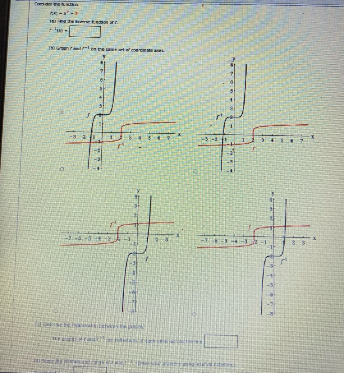 Consider the function.
Tx) - x-2
(a) Find the Imerse function ofr.
[b) Graph f and on the same set of coordinate axes.
8.
-3 -2
-3 -2
3 4 5
6 7
-2
-3
21
7 6-5
-4-3
-D1
-7-6-5-4-32-1
(e) Describe the relationship tetween the grephs.
The graphs c rand are reflections or cach other across the itne
rd) State he domain and nange ef ene Enterur answers uang nterval notation./
