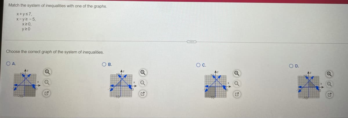 Match the system of inequalities with one of the graphs.
x+ys7,
x-y2 - 5,
X20,
y20
Choose the correct graph of the system of inequalities.
OB.
C.
OD.
