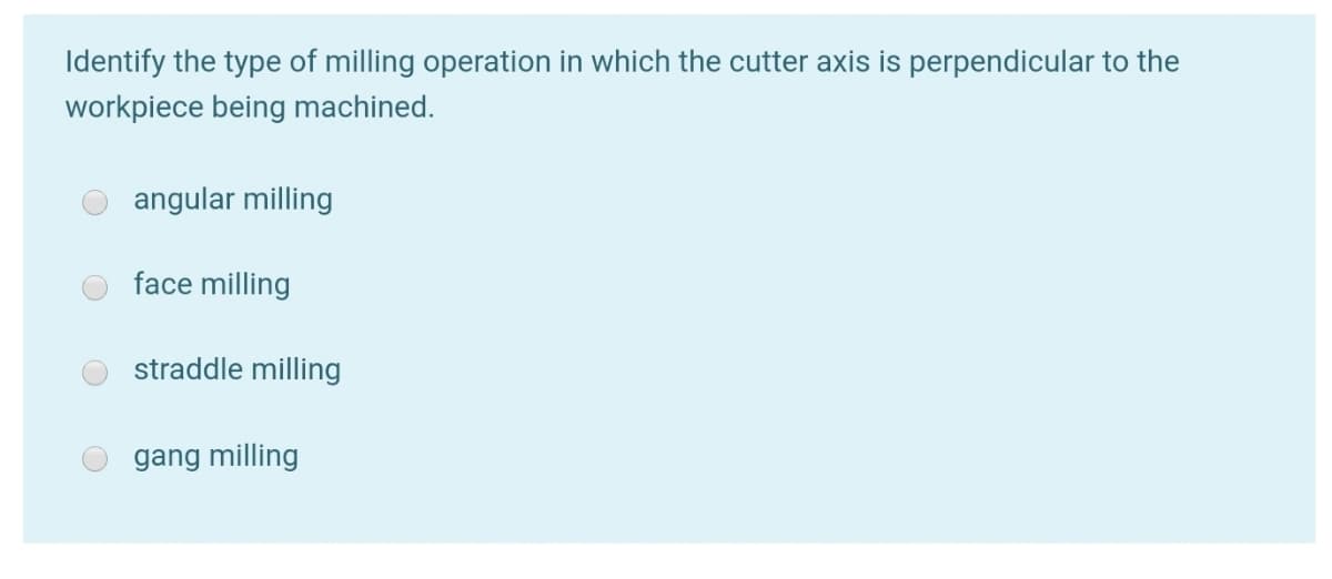 Identify the type of milling operation in which the cutter axis is perpendicular to the
workpiece being machined.
angular milling
face milling
straddle milling
gang milling
