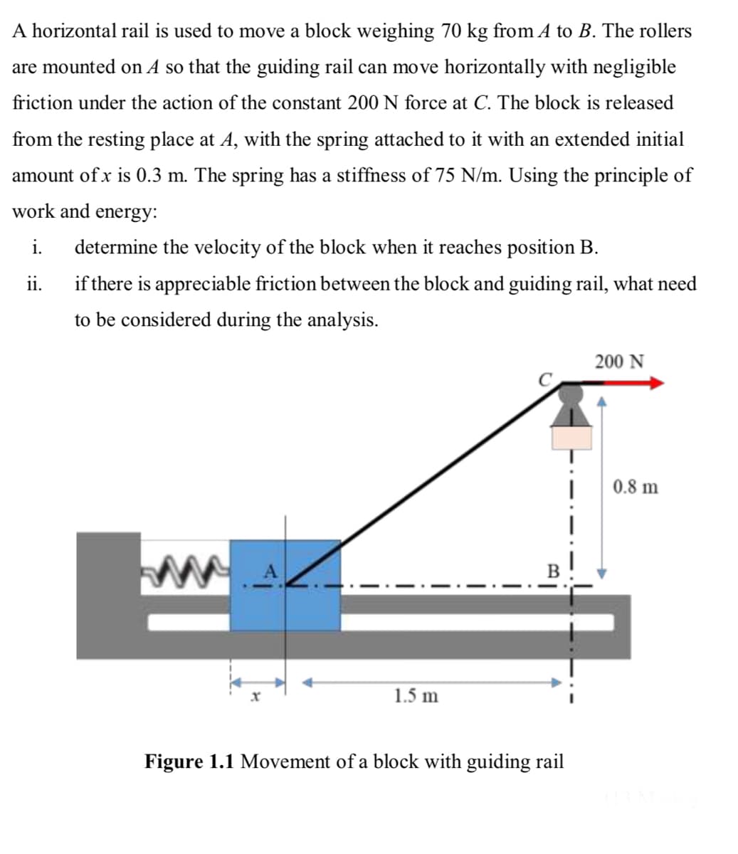 A horizontal rail is used to move a block weighing 70 kg from A to B. The rollers
are mounted on A so that the guiding rail can move horizontally with negligible
friction under the action of the constant 200 N force at C. The block is released
from the resting place at A, with the spring attached to it with an extended initial
amount of x is 0.3 m. The spring has a stiffness of 75 N/m. Using the principle of
work and energy:
i.
determine the velocity of the block when it reaches position B.
ii.
if there is appreciable friction between the block and guiding rail, what need
to be considered during the analysis.
200 N
0.8 m
1.5 m
Figure 1.1 Movement of a block with guiding rail
