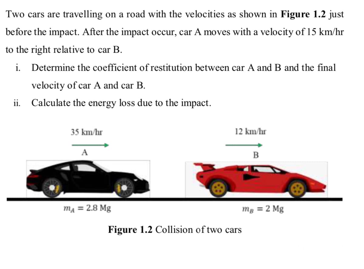 Two cars are travelling on a road with the velocities as shown in Figure 1.2 just
before the impact. After the impact occur, car A moves with a velocity of 15 km/hr
to the right relative to car B.
i. Determine the coefficient of restitution between car A and B and the final
velocity of car A and car B.
ii.
Calculate the energy loss due to the impact.
35 km/hr
12 km/hr
A
B
mĄ = 2.8 Mg
mg = 2 Mg
Figure 1.2 Collision of two cars
