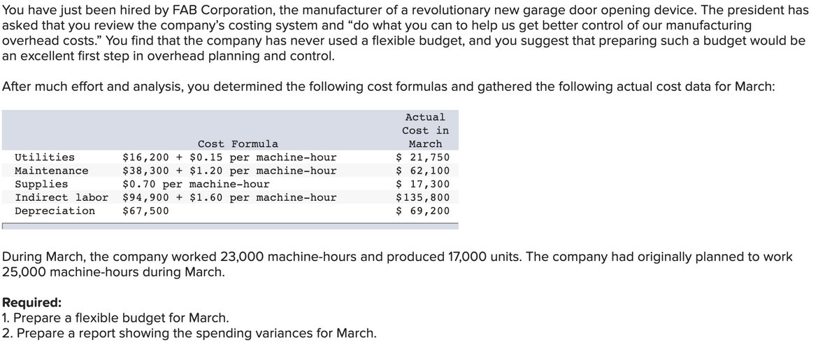 You have just been hired by FAB Corporation, the manufacturer of a revolutionary new garage door opening device. The president has
asked that you review the company's costing system and “do what you can to help us get better control of our manufacturing
overhead costs." You find that the company has never used a flexible budget, and you suggest that preparing such a budget would be
an excellent first step in overhead planning and control.
After much effort and analysis, you determined the following cost formulas and gathered the following actual cost data for March:
Actual
Cost in
Cost Formula
March
$16,200 + $0.15 per mạchine-hour
$38,300 + $1.20 per machine-hour
$0.70 per machine-hour
$94,900 + $1.60 per machine-hour
$67,500
$ 21,750
$ 62,100
$ 17,300
$135,800
$ 69,200
Utilities
Maintenance
Supplies
Indirect labor
Depreciation
During March, the company worked 23,000 machine-hours and produced 17,000 units. The company had originally planned to work
25,000 machine-hours during March.
Required:
1. Prepare a flexible budget for March.
2. Prepare a report showing the spending variances for March.
