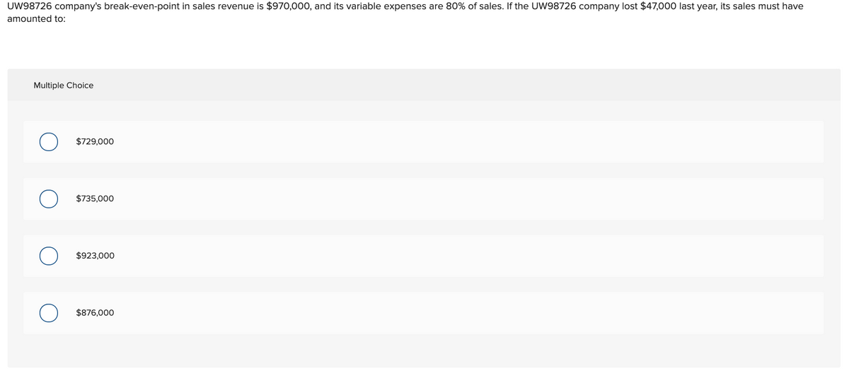 UW98726 company's break-even-point in sales revenue is $970,000, and its variable expenses are 80% of sales. If the UW98726 company lost $47,000 last year, its sales must have
amounted to:
Multiple Choice
$729,000
$735,000
$923,000
$876,000
