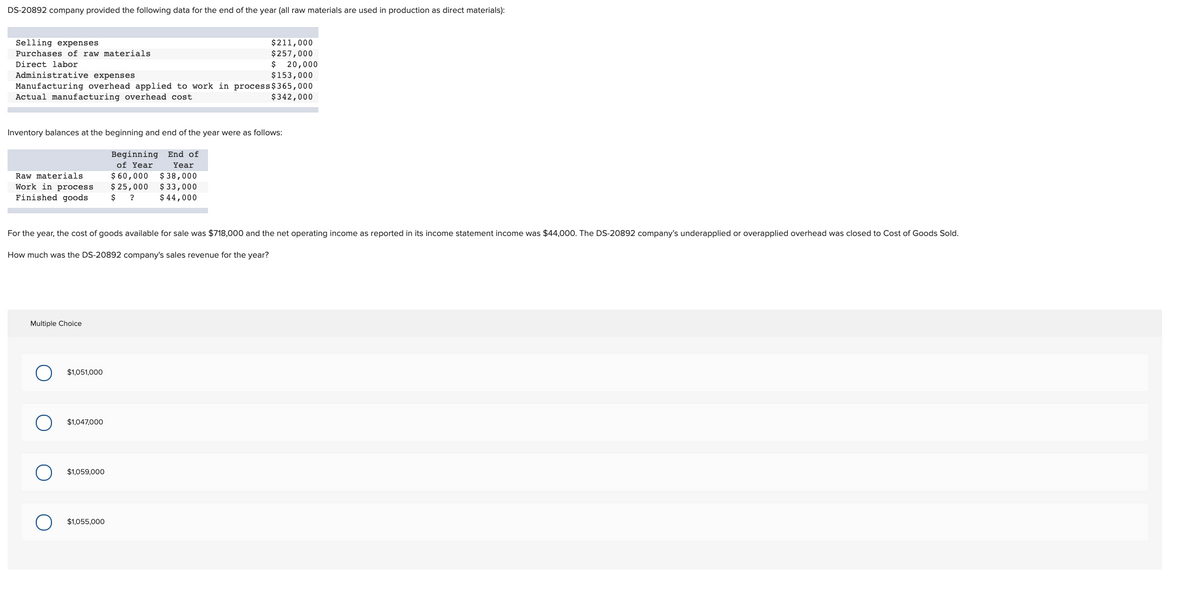 DS-20892 company provided the following data for the end of the year (all raw materials are used in production as direct materials):
Selling expenses
$211,000
Purchases of raw materials
$257,000
$ 20,000
Direct labor
Administrative expenses
$153,000
Manufacturing overhead applied to work in process$365,000
$342,000
Actual manufacturing overhead cost
Inventory balances at the beginning and end of the year were as follows:
Beginning End of
of Year
$ 60,000
$ 25,000
Year
$ 38,000
$ 33,000
$ 44,000
Raw materials
Work in process
Finished goods
$
For the year, the cost of goods available for sale was $718,000 and the net operating income as reported in its income statement income was $44,000. The DS-20892 company's underapplied or overapplied overhead was closed to Cost of Goods Sold.
How much was the DS-20892 company's sales revenue for the year?
Multiple Choice
$1,051,000
$1,047,000
$1,059,000
$1,055,000
