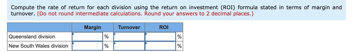 Compute the rate of return for each division using the return on investment (ROI) formula stated in terms of margin and
turnover. (Do not round intermediate calculations. Round your answers to 2 decimal places.)
Margin
Turnover
ROI
Queensland division
%
%
New South Wales division
%
%
