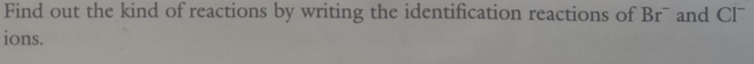 Find out the kind of reactions by writing the identification reactions of Br¯ and CI-
ions.
