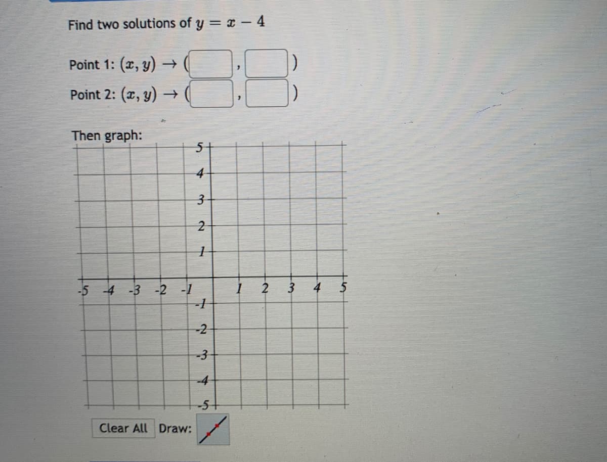 Find two solutions of y = x - 4
88
Point 1: (x, y) →
Point 2: (x, y) →(
Then graph:
4
2
4
-5 -4 -3 -2 -1
-1
-2
-3
-4
-51
Clear All Draw:
%24
3,
3.
