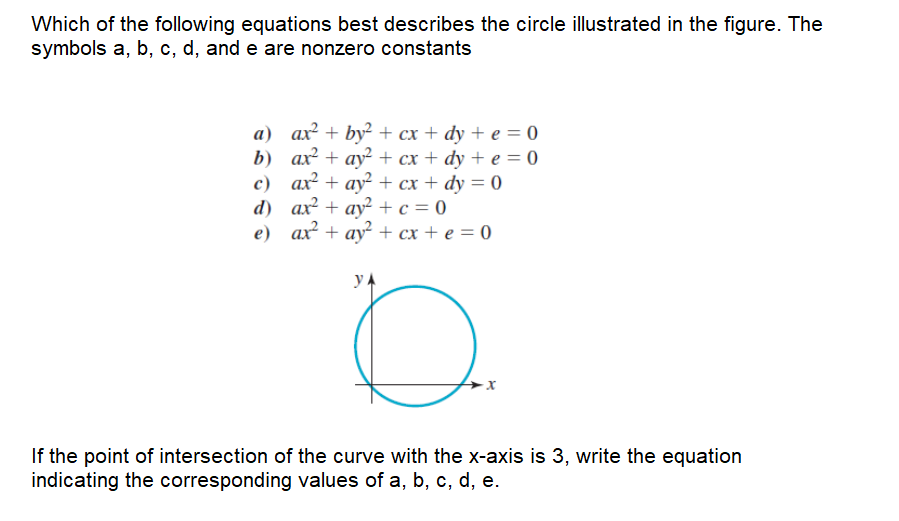 Which of the following equations best describes the circle illustrated in the figure. The
symbols a, b, c, d, and e are nonzero constants
a) ax? + by? + cx + dy + e = 0
b) ах? + ay? + сх + dy + e %3D0
с) ах? + ау? + сx + dy 3D 0
d) аx? + ay? +с %3D0
е) ах? + ay?+ сx + e %3D 0
у.
If the point of intersection of the curve with the x-axis is 3, write the equation
indicating the corresponding values of a, b, c, d, e.
