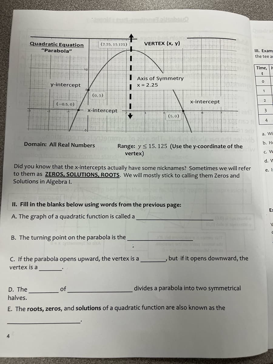 Quadrat
Name
Quadratic Equation
(2.25, 15.125)
VERTEX (x, y)
"Parabola"
II. Exam
the tee an
Time, H
I Axis of Symmetry
y-intercept
I x = 2.25
1
(0, 5)
2
(-0.5, 0)
x-intercept
x-intercept
3
(5, 0)
4
a. Wi
Domain: AlI Real Numbers
b. Но
Range: y<15. 125 (Use the y-coordinate of the
vertex)
c. W
d. V
Did you know that the x-intercepts actually have some nicknames? Sometimes we will refer
to them as ZEROS, SOLUTIONS, ROOTS. We will mostly stick to calling them Zeros and
Solutions in Algebra I.
e. I
II. Fill in the blanks below using words from the previous page:
E>
A. The graph of a quadratic function is called a
(0.0)g nl
(0,0)
B. The turning point on the parabola is the
my lo eixA
niog
ol
C. If the parabola opens upward, the vertex is a
but if it opens downward, the
vertex is a
D. The
of
divides a parabola into two symmetrical
halves.
E. The roots, zeros, and solutions of a quadratic function are also known as the
