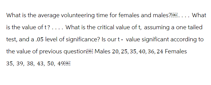 What is the average volunteering time for females and males?.... What
is the value of t?.... What is the critical value of t, assuming a one tailed
test, and a .05 level of significance? Is our t - value significant according to
the value of previous question Males 20, 25, 35, 40, 36, 24 Females
35, 39, 38, 43, 50, 490BJ