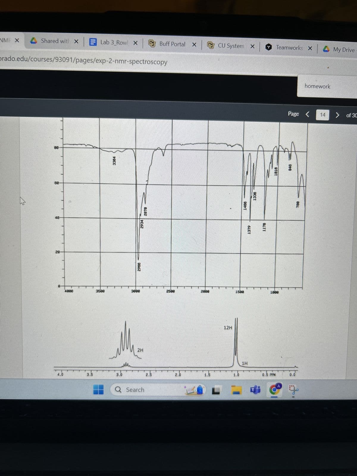 xE Lab
prado.edu/courses/93091/pages/exp-2-nmr-spectroscopy
NMF X
4
Shared with X
88
60-
40-
20-
4.0
4000
3.5
Lab 3_Rowl X
3500
VOCE
Š
3.0
9962
3008
+062
2H
2878
Q Search
2.5
Buff Portal
2500
2.0
× CU System × → Teamworks | My Drive
2000
1.5
12H
1500
1.0
1466
L =
1H
1379
9CCT
1176
1818
10080
0.5 PPM
Page
A
846
0.0
788
homework
14
> of 30