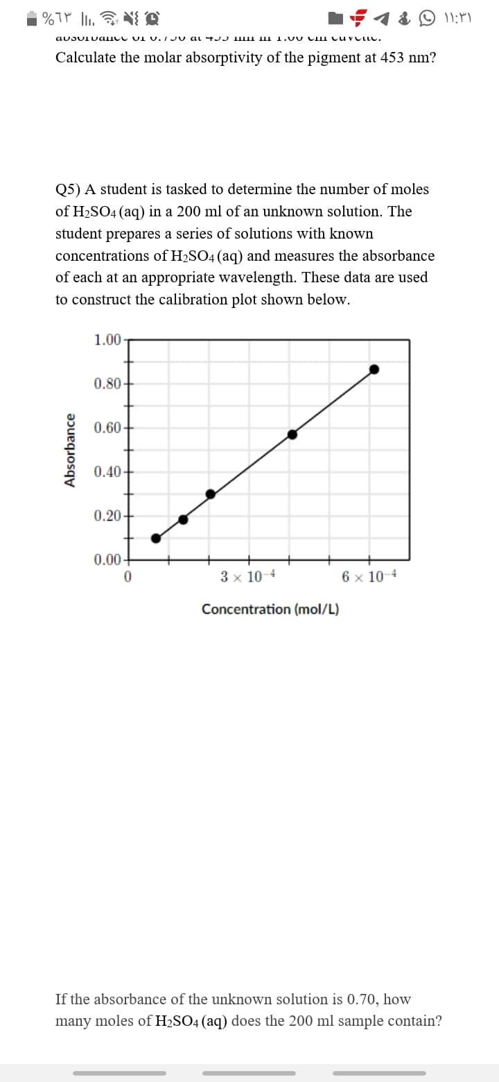 auDUIUance UI U.I JU ai 4JJ IIII III 1. UU CIII cuvclic.
Calculate the molar absorptivity of the pigment at 453 nm?
Q5) A student is tasked to determine the number of moles
of H2SO4 (aq) in a 200 ml of an unknown solution. The
student prepares a series of solutions with known
concentrations of H2SO4 (ag) and measures the absorbance
of each at an appropriate wavelength. These data are used
to construct the calibration plot shown below.
1.00
0.80-
0.60 -
0.40-
0.20-
0.00-
3 x 10-4
6 x 10-4
Concentration (mol/L)
If the absorbance of the unknown solution is 0.70, how
many moles of H2SO4 (aq) does the 200 ml sample contain?
Absorbance
