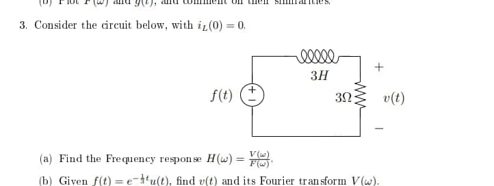 9ང་),
3. Consider the circuit below, with i,(0) = 0.
lllll
+
3H
f(t)
30
v(t)
(a) Find the Frequency response H(w)=
V(w)
F(w)'
(b) Given f(t) = eu(t), find v(t) and its Fourier transform V(w).