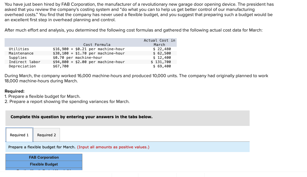 You have just been hired by FAB Corporation, the manufacturer of a revolutionary new garage door opening device. The president has
asked that you review the company's costing system and "do what you can to help us get better control of our manufacturing
overhead costs." You find that the company has never used a flexible budget, and you suggest that preparing such a budget would be
an excellent first step in overhead planning and control.
After much effort and analysis, you determined the following cost formulas and gathered the following actual cost data for March:
Actual Cost in
March
Cost Formula
$ 22,480
Utilities
Maintenance
Supplies
$16,900 + $0.21 per machine-hour
$38,100+ $1.70 per machine-hour
$0.70 per machine-hour
$ 62,500
$ 12,400
$ 131,700
Indirect labor
Depreciation
$94,800+ $2.00 per machine-hour
$67,700
$69,400
During March, the company worked 16,000 machine-hours and produced 10,000 units. The company had originally planned to work
18,000 machine-hours during March.
Required:
1. Prepare a flexible budget for March.
2. Prepare a report showing the spending variances for March.
Complete this question by entering your answers in the tabs below.
Required 1
Required 2
Prepare a flexible budget for March. (Input all amounts as positive values.)
FAB Corporation
Flexible Budget