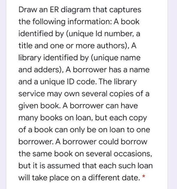 Draw an ER diagram that captures
the following information: A book
identified by (unique Id number, a
title and one or more authors), A
library identified by (unique name
and adders), A borrower has a name
and a unique ID code. The library
service may own several copies of a
given book. A borrower can have
many books on loan, but each copy
of a book can only be on loan to one
borrower. A borrower could borrow
the same book on several occasions,
but it is assumed that each such loan
will take place on a different date. *
