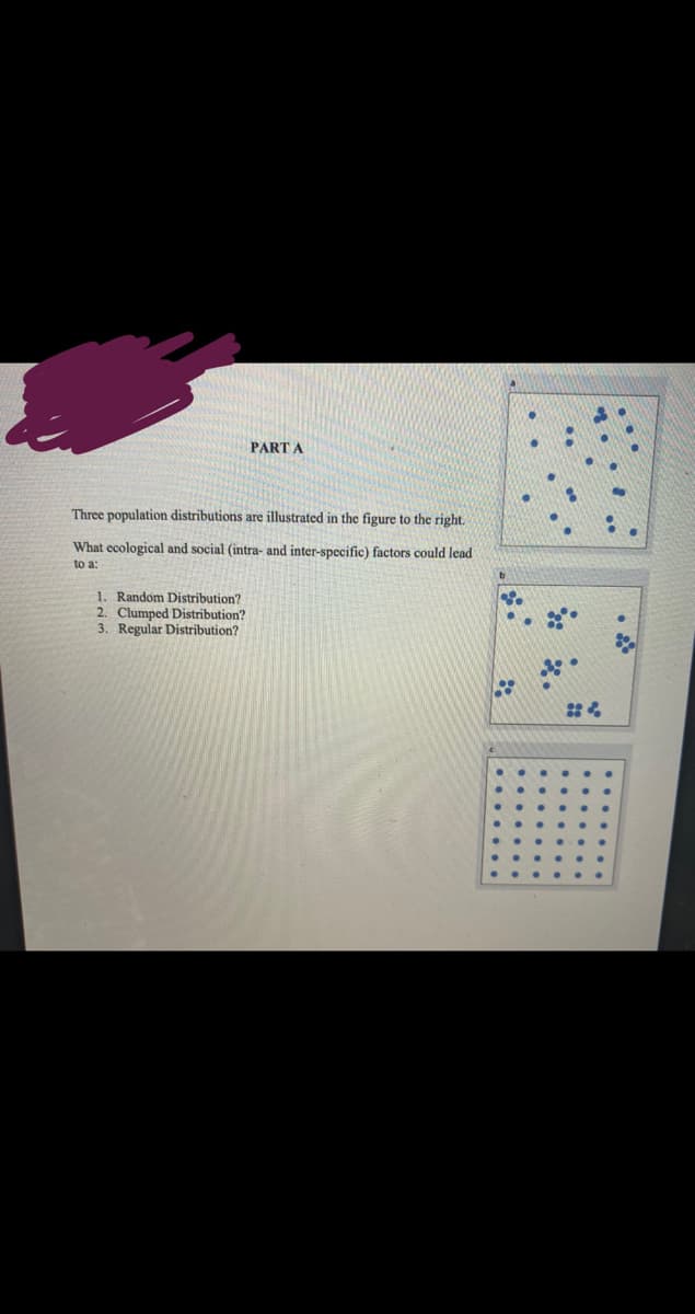 PART A
Three population distributions are illustrated in the figure to the right.
What ecological and social (intra- and inter-specific) factors could lead
to a:
1. Random Distribution?
2. Clumped Distribution?
3. Regular Distribution?
