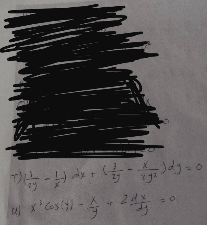 X
Oy -
dx + (-/- +52)dy = 0
zyz
2dx
(4) X'Cos (3) -4 -24% =0
습
U)
+
dy