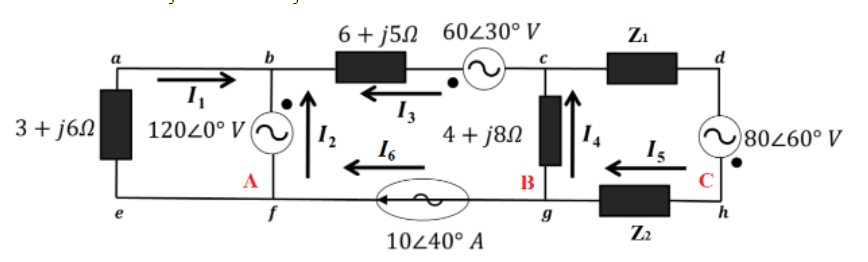 3+j6
12020° V
A
b
f
6+j52 60230° V
4 + j8Ω
10240° A
B
g
Z₁
Z₂
h
80260° V