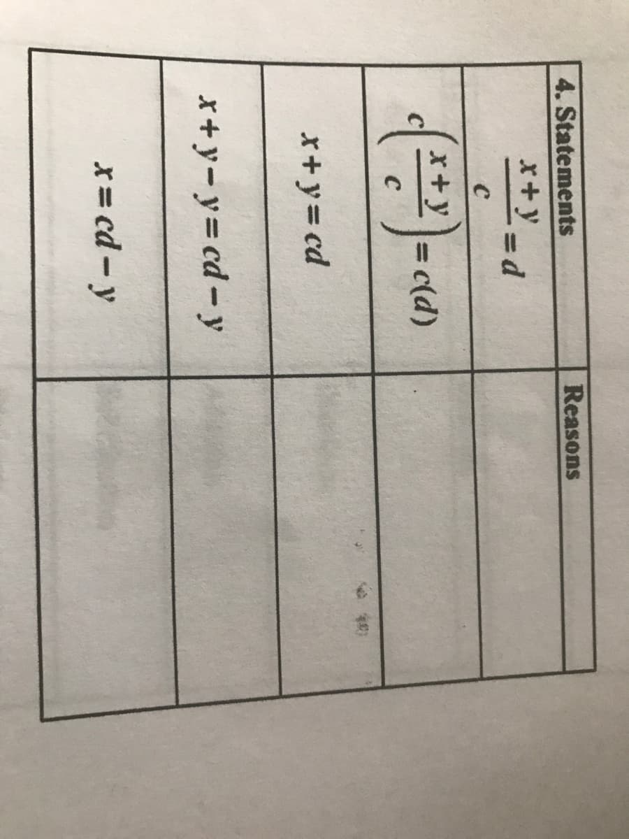 Reasons
4. Statements
x+=d
%3D
c(d
x+ y= cd
x+y-y= cd-y
x= cd - y
