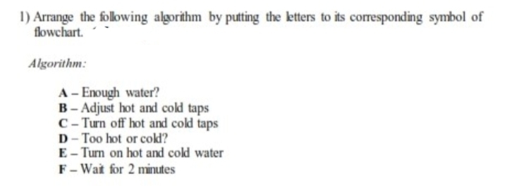 1) Arrange the following algorithm by putting the ktters to its corresponding symbol of
flowchart.
Algorithm:
A - Enough water?
B- Adjust hot and cold taps
C- Turn off hot and cold taps
D- Too hot or cokd?
E - Tum on hot and cold water
F- Wat for 2 minutes
