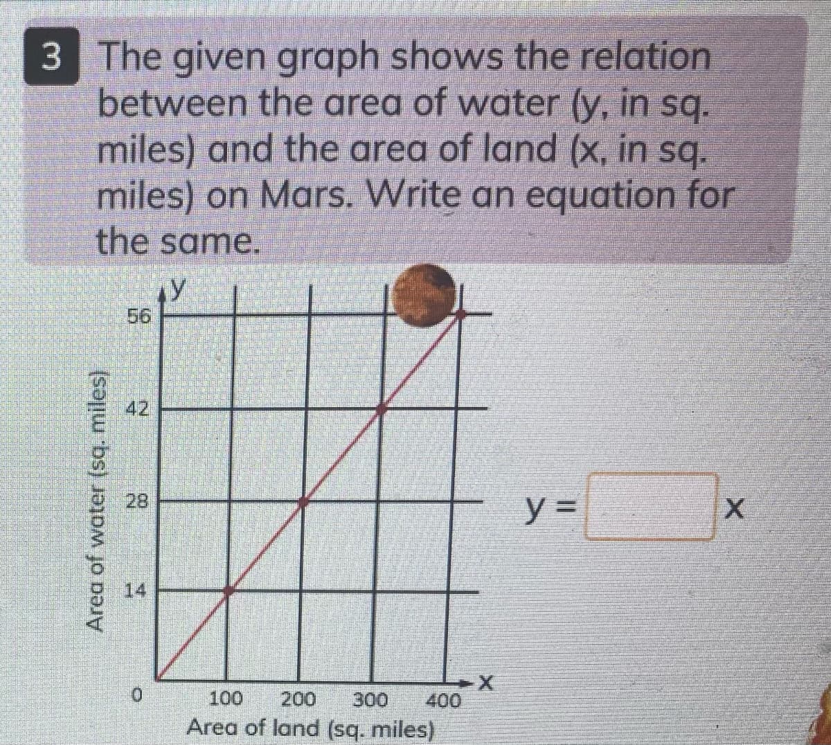 3 The given graph shows the relation
between the area of water (y, in sq.
miles) and the area of land (x, in sq.
miles) on Mars. Write an equation for
the same.
56
42
28
y =
14
0.
100
200
300
400
Area of land (sq. miles)
Area of water (sq. miles)
