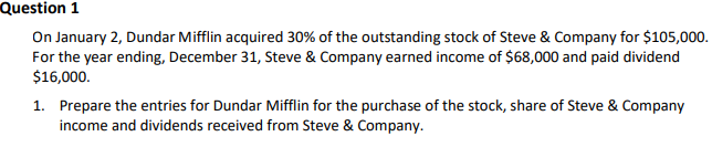 On January 2, Dundar Mifflin acquired 30% of the outstanding stock of Steve & Company for $105,000.
For the year ending, December 31, Steve & Company earned income of $68,000 and paid dividend
$16,000.
1. Prepare the entries for Dundar Mifflin for the purchase of the stock, share of Steve & Company
income and dividends received from Steve & Company.
