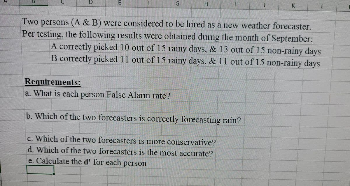 D
H.
K.
Two persons (A & B) were considered to be hired as a new weather forecaster.
Per testing, the following results were obtained durng the month of September:
A correctly picked 10 out of 15 rainy days, & 13 out of 15 non-rainy days
B correctly picked 11 out of 15 rainy days, & 11 out of 15 non-rainy days
Requirements:
a. What is each person False Alarm rate?
b. Which of the two forecasters is correctly forecasting rain?
c. Which of the two forecasters is more conservative?
d. Which of the two forecasters is the most accurate?
e. Calculate the d' for each person
