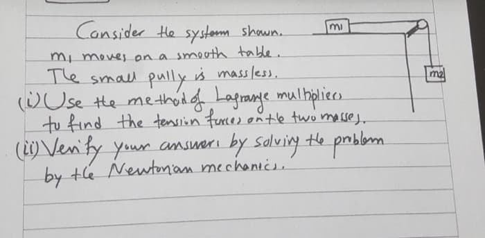 Consider He system shown.
mi
mi moves on a smouth table.
The small pully is massless.
(WOS the methód d Lagrange mulhpliecs.
tu find the tensiin furce) ontle two masses.
the
m2
(2) Venity your amsuarı by salving pnbbm
prblbm.
answeri by Solving
by the Newtonan mechanics.
