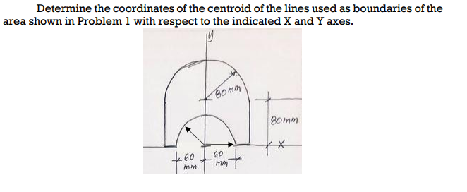 Determine the coordinates of the centroid of the lines used as boundaries of the
area shown in Problem 1 with respect to the indicated X and Y axes.
-60
mm
80mm
60
Imm
80mm
**