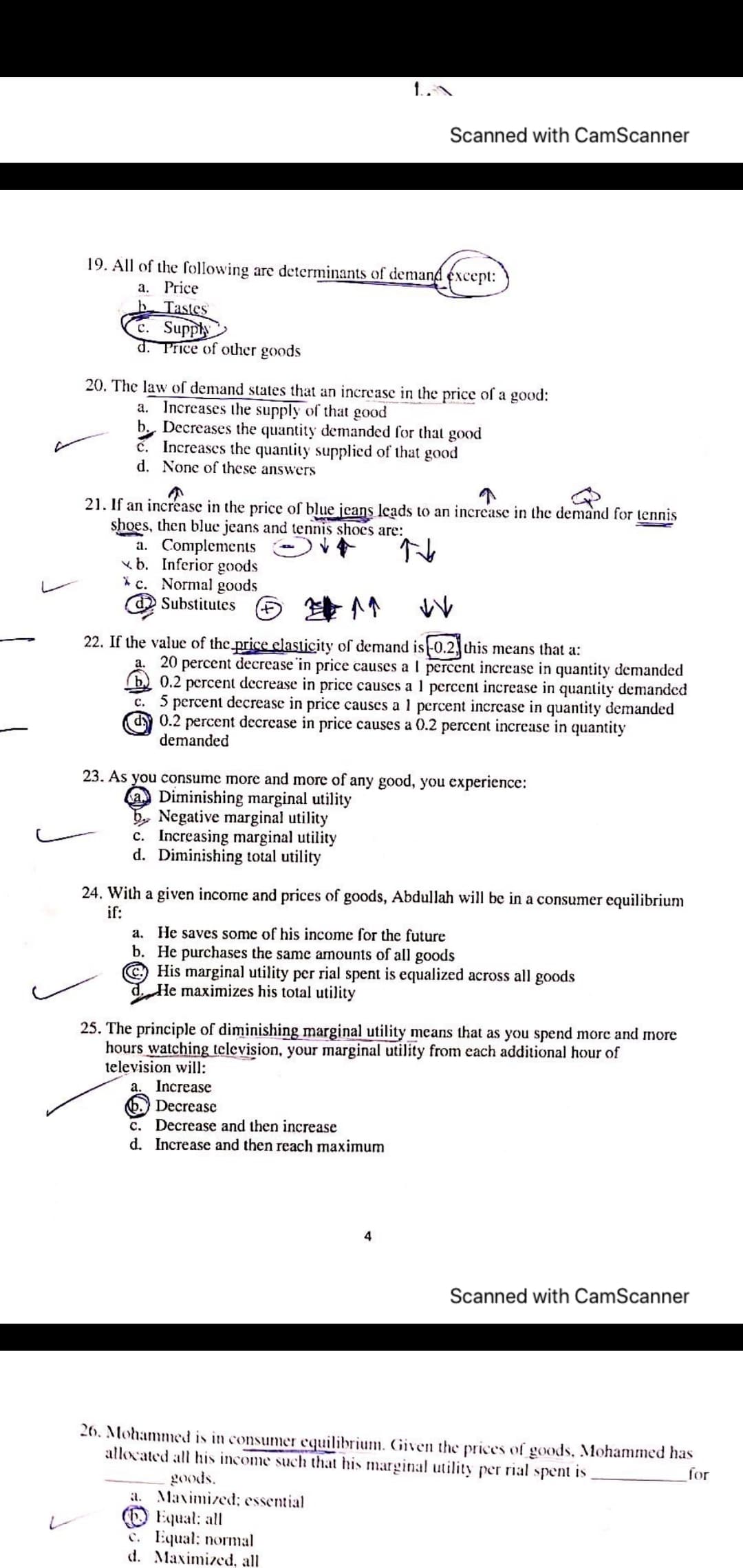 24. With a given income and prices of goods, Abdullah will be in a consumer equilibrium
if:
a. He saves some of his income for the future
b. He purchases the same amounts of all goods
CHis marginal utility per rial spent is equalized across all goods
d He maximizes his total utility
