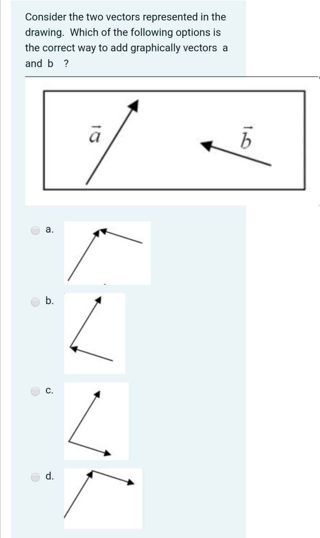 Consider the two vectors represented in the
drawing. Which of the following options is
the correct way to add graphically vectors a
and b ?
a
а.
b.
С.
d.
