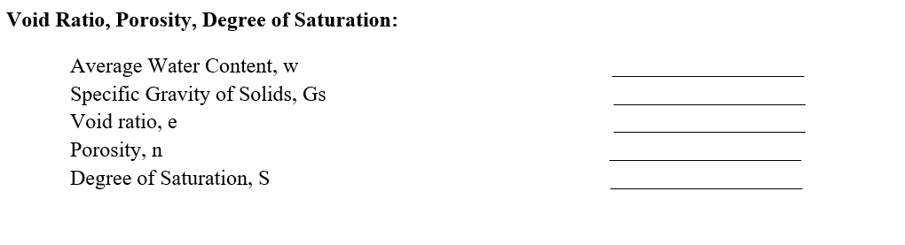 Void Ratio, Porosity, Degree of Saturation:
Average Water Content, w
Specific Gravity of Solids, Gs
Void ratio, e
Porosity, n
Degree of Saturation, S